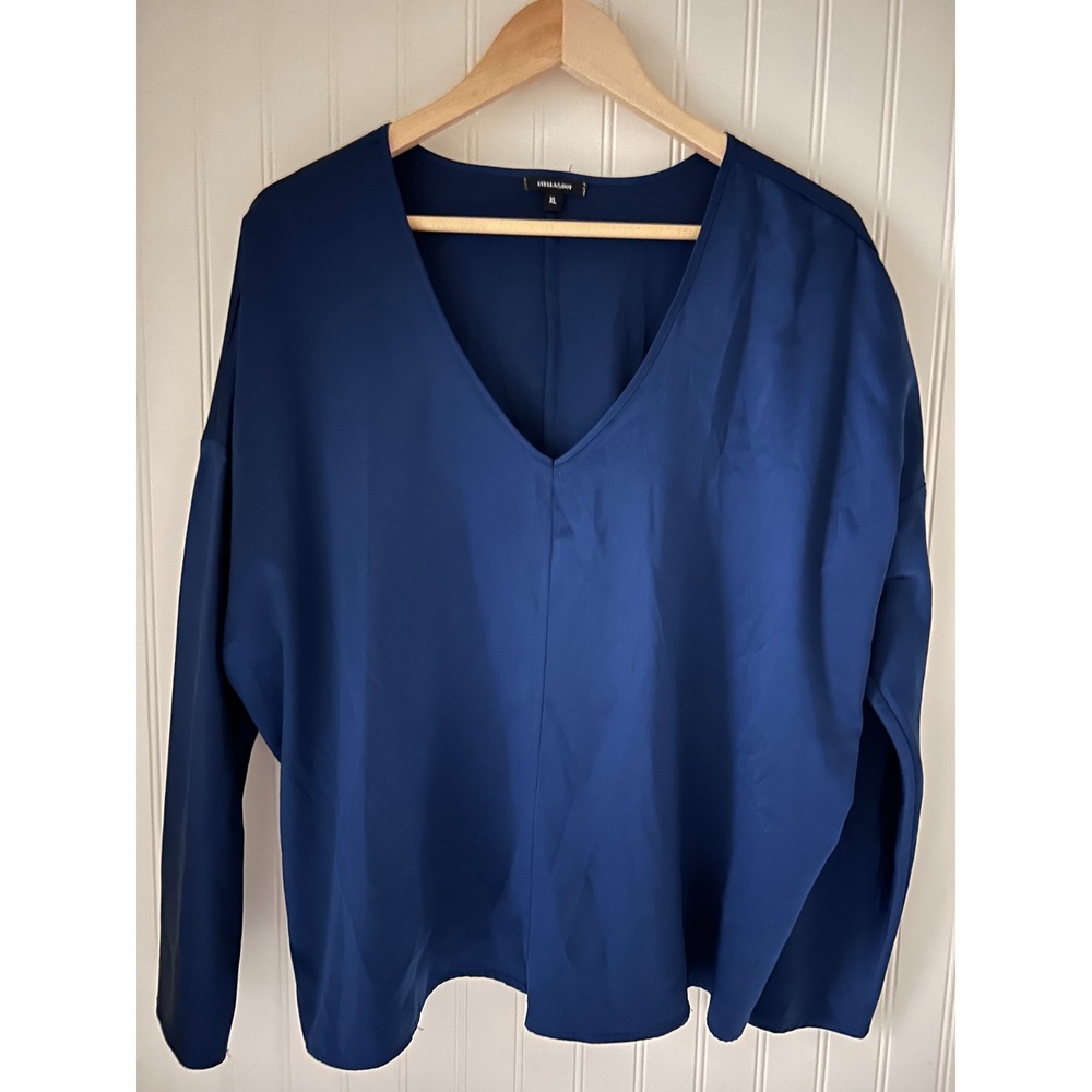 Stella & Dot Blouse Womens XL Blue Good V-Neck Satin Long Sleeve Oversized Top